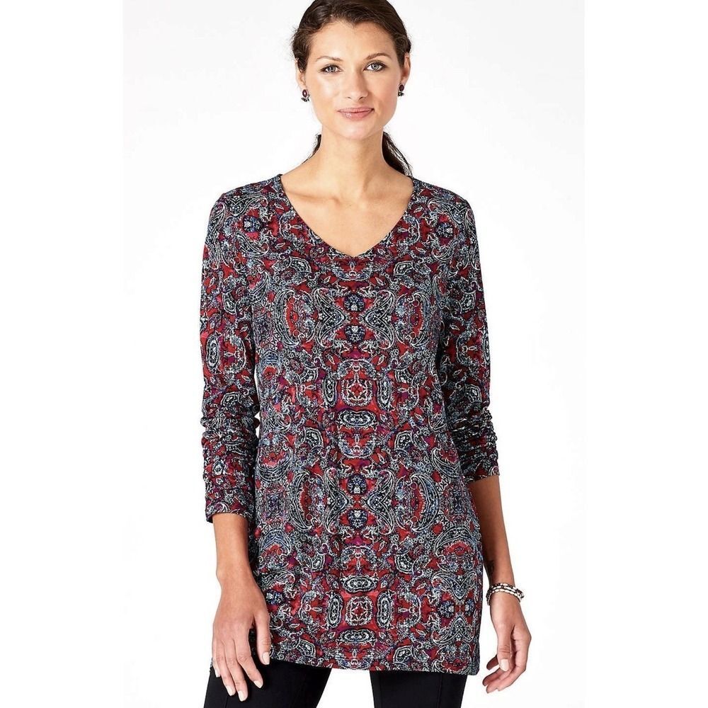 J Jill Tunic Top 1X Knit Asymmetric Hem V Neck Soft Lightweight Stretch Tencel